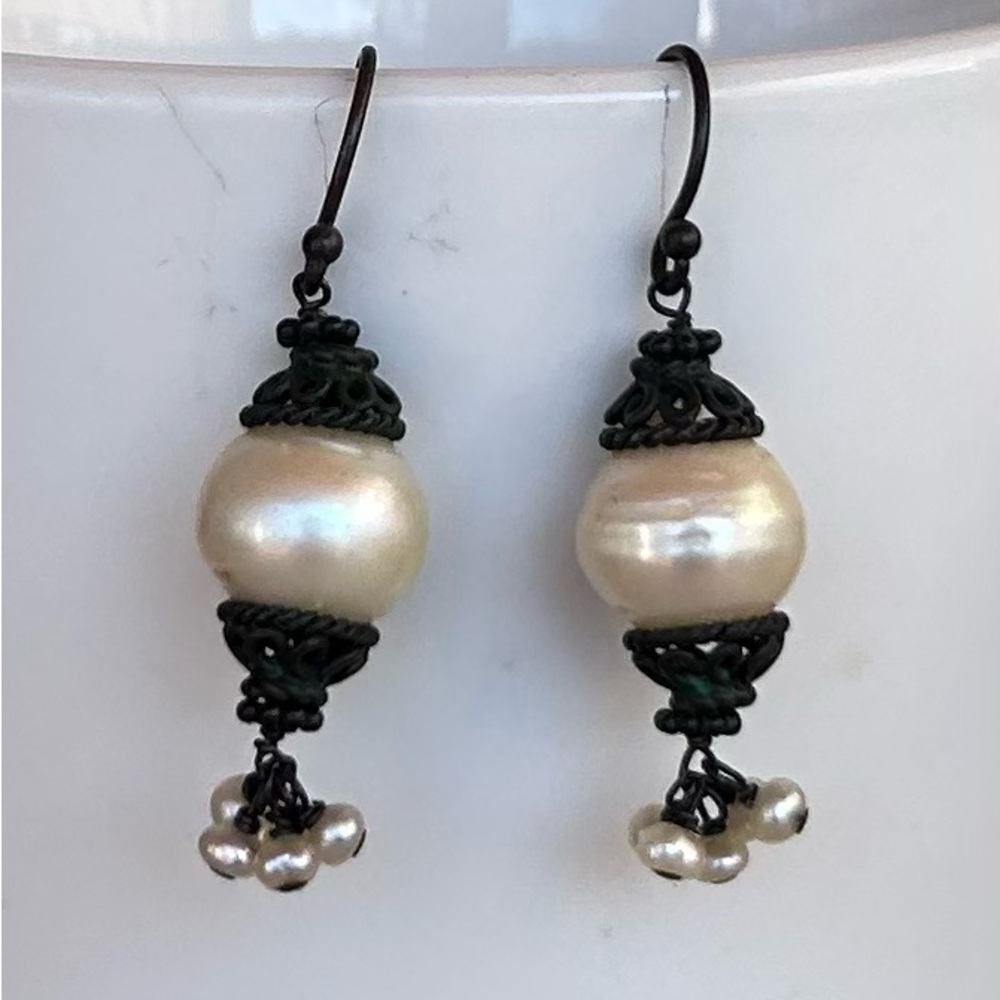 Cream Pearl Drop Earrings with Oxidized Silver Accents
